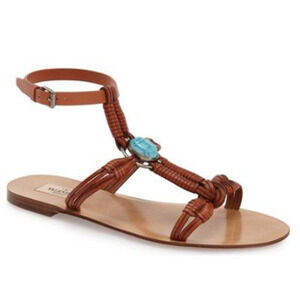 Valentino Turquoise Scarab Leather Ankle Strap Flat Sandals Brown Womens 39/US 9